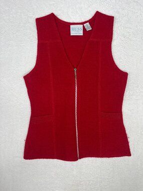 VTG 90s RUSS Liz Claiborne Red 100% Wool Zip Vest Petite Small Primary Colors